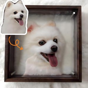 Op de afbeelding: Een witte hond met een roze tong die uitsteekt is ingelijst in een donkerhouten lijst met een glazen voorzijde. De vacht van de hond is pluizig en wit, en zijn ogen zijn donker.