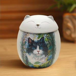 Urna con retrato de mascota personalizado y pintado a mano: un moderno monumento conmemorativo para cenizas de gato