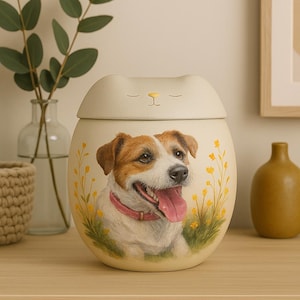 Urna con retrato de mascota personalizado y pintado a mano: un monumento moderno para cenizas de perro