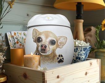 Urna con retrato de mascota pintada a mano: Arte conmemorativo personalizado para cenizas de mascotas