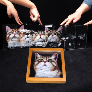 Op de afbeelding: Een set van vijf ingelijste schilderijen van een kattenkop, elk met een ander detailniveau. De schilderijen zijn in een houten lijst en worden op een zwarte ondergrond tentoongesteld.