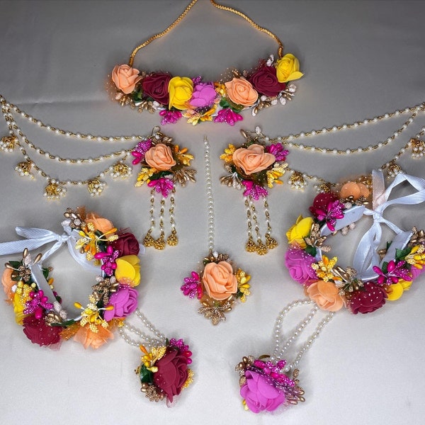 Floral Jewelry Set For Brides And Bridesmaid | Handmade Artificial Floral Jewellery For Haldi and Mehndi Function | Wedding Jewelry