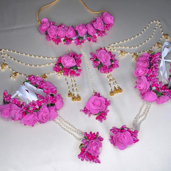 Floral Pink Jewelry Set For Brides And Bridesmaid | Handmade Artificial Floral Jewellery For Haldi and Mehndi Function | Wedding Jewelry