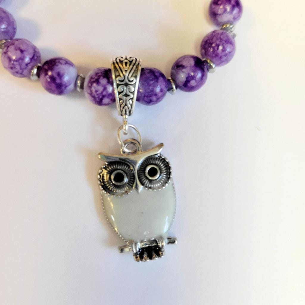 Purple Snowflake Beaded Silver Owl Charm 7" Stretch Bracelet - Thumbnail 3