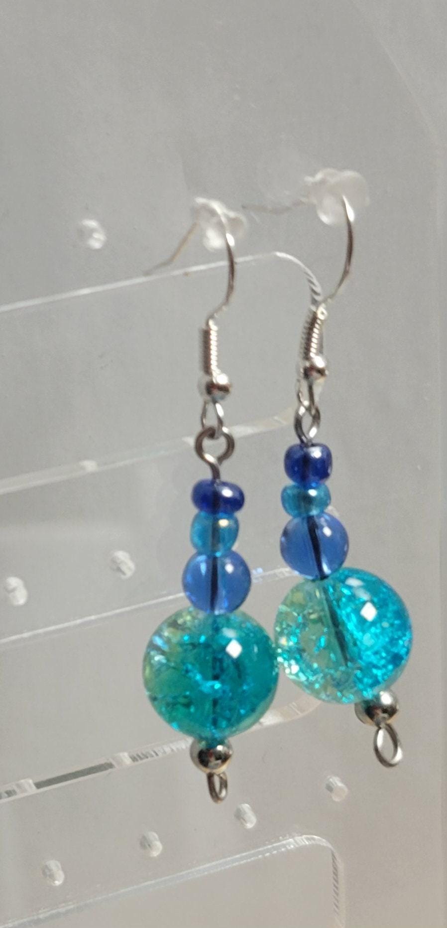 Glass bead dangle hook earrings in blues & greens - Thumbnail 6