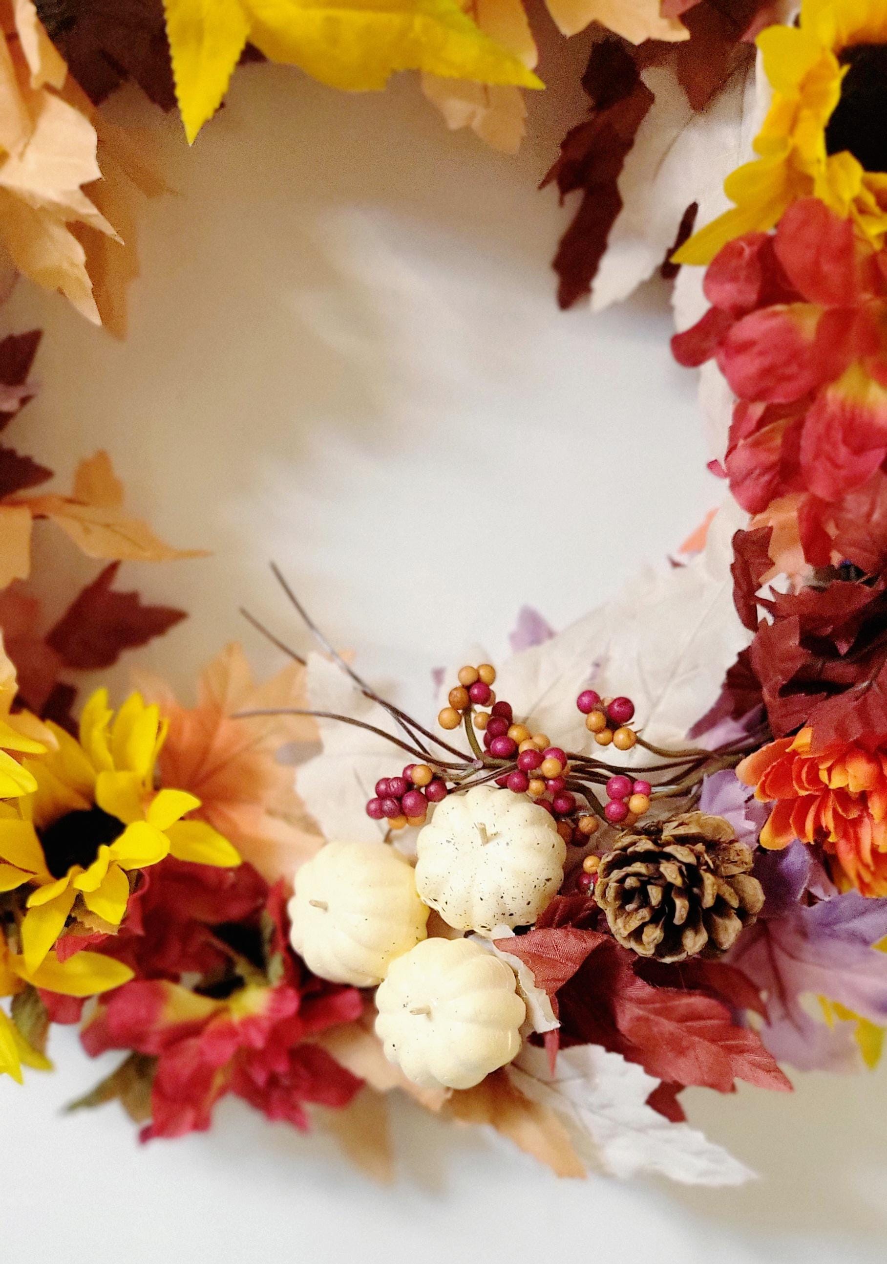 Hand Crafted Festive Fall Autumn Thanksgiving Wreath Door Hanging with Sunflowers and Pinecones - Thumbnail 6