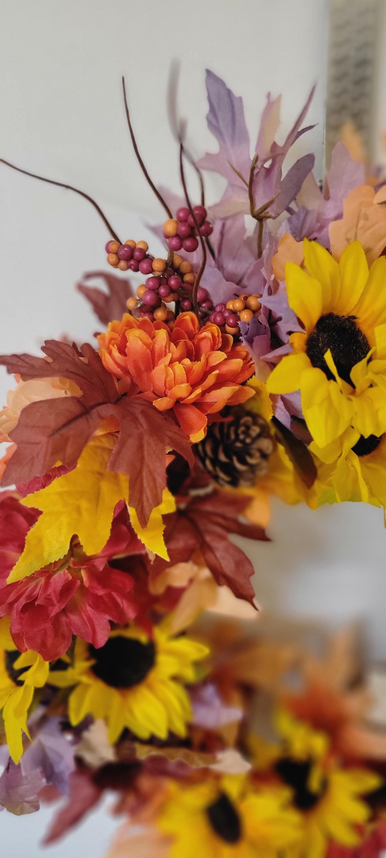 Hand Crafted Festive Fall Autumn Thanksgiving Wreath Door Hanging with Sunflowers and Pinecones - Thumbnail 4