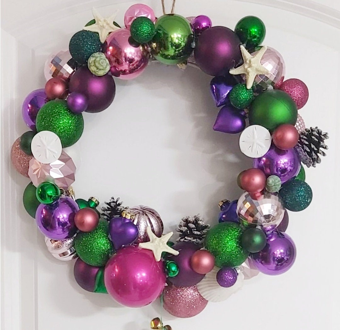 Beach Coastal Christmas Winter wreath with shatterproof ball ornaments Nautical beach theme - Thumbnail 6