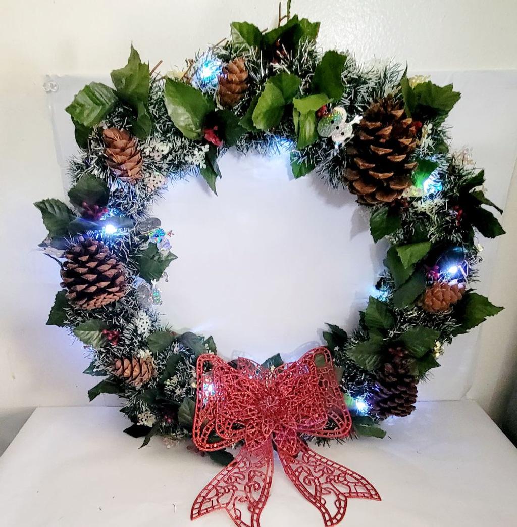 Handcrafted upcycled pre-lit 14" Christmas wreath door hanging wall decor - Thumbnail 2