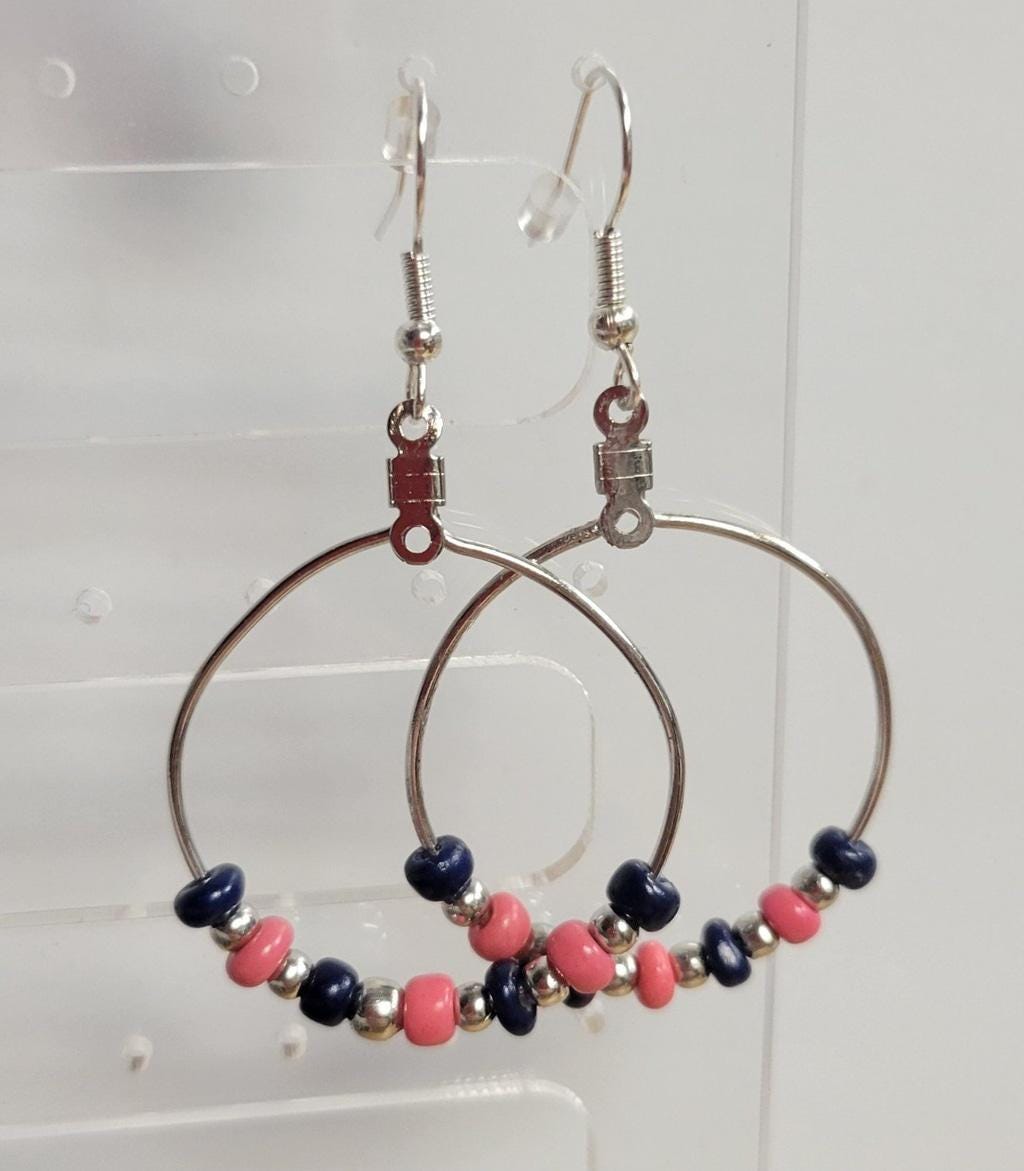 Handmade blue & pink glass bead hoop pierced earrings - Thumbnail 3