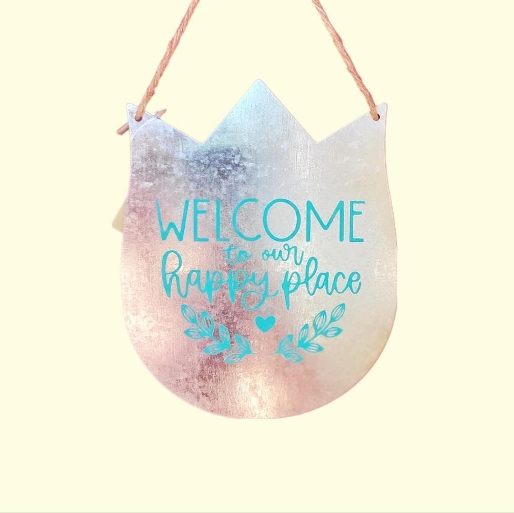 Galvanized Steel Tulip With Blue Welcome To Our Happy Place Door Hanging