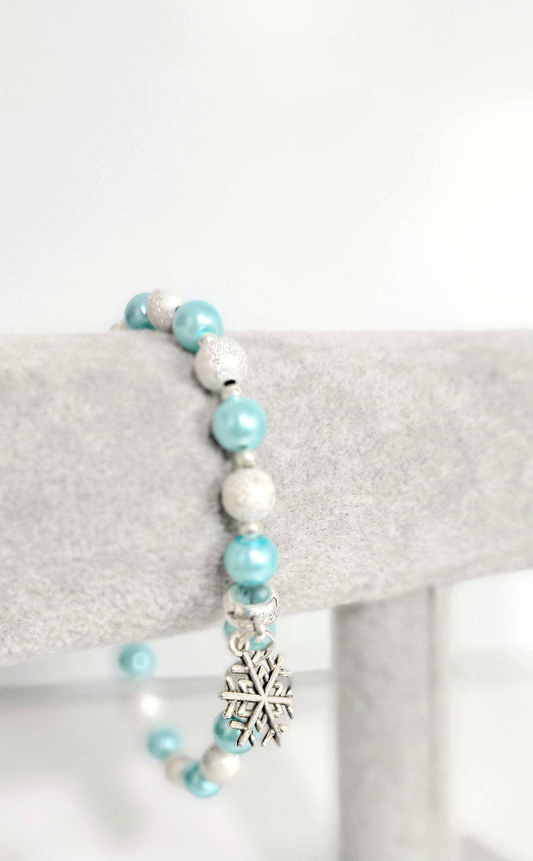 Ice blue glass beaded snowflake charm bracelet - Thumbnail 3