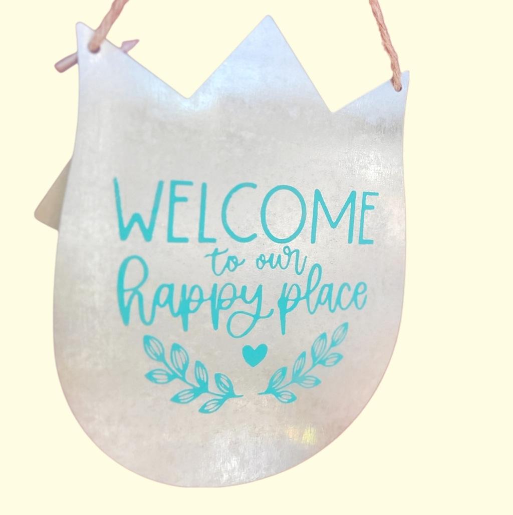 Galvanized Steel Tulip With Blue Welcome To Our Happy Place Door Hanging - Thumbnail 2