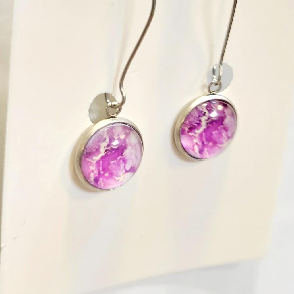 Pink Abstract and Silver Drop Earrings - Thumbnail 2