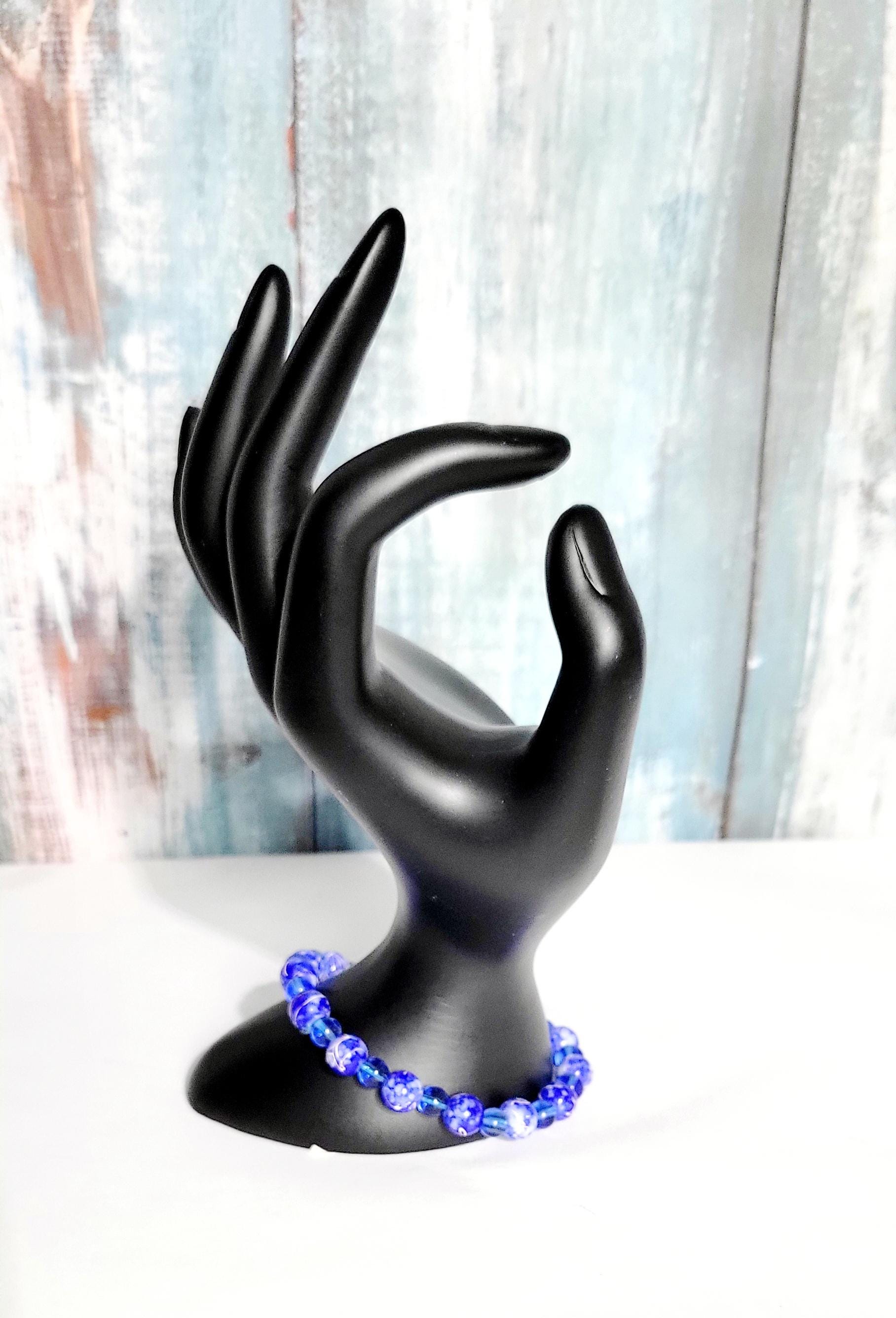 Hand crafted blue and white acrylic bead and translucent blue glass beaded bracelet - Thumbnail 6