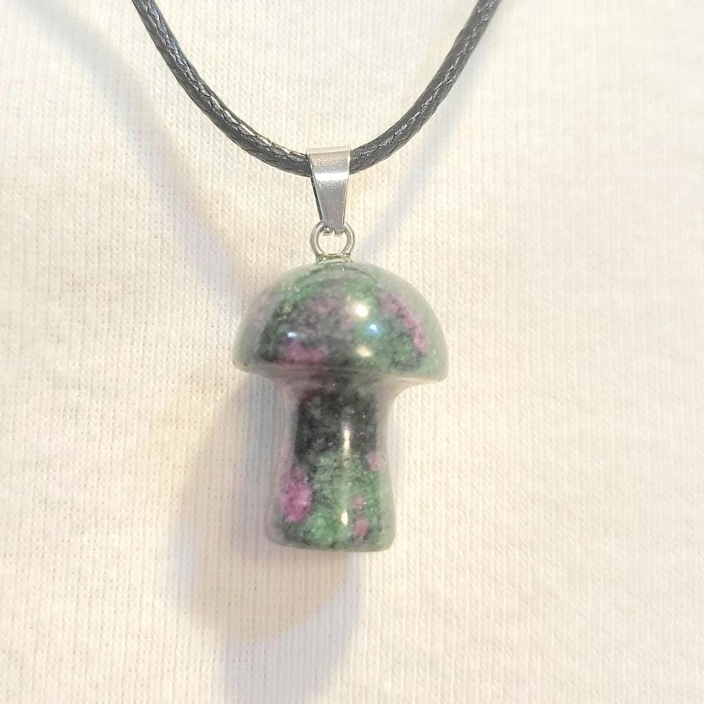 Natural Ruby Zoisite 1/2" Mushroom Crystal Pendant Necklace - Thumbnail 4