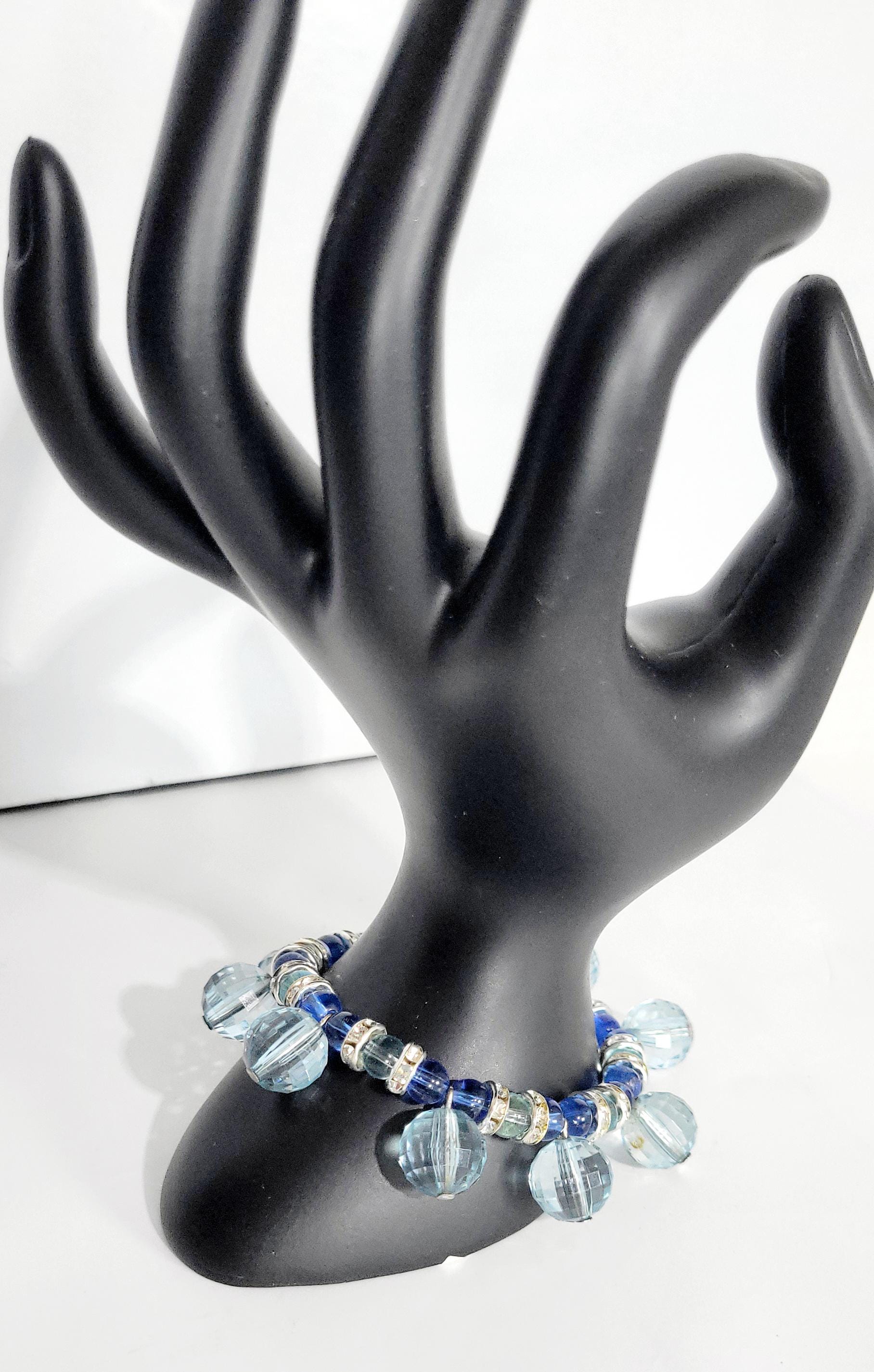 Blue glass beaded bracelet with rhinestone accents - Thumbnail 3