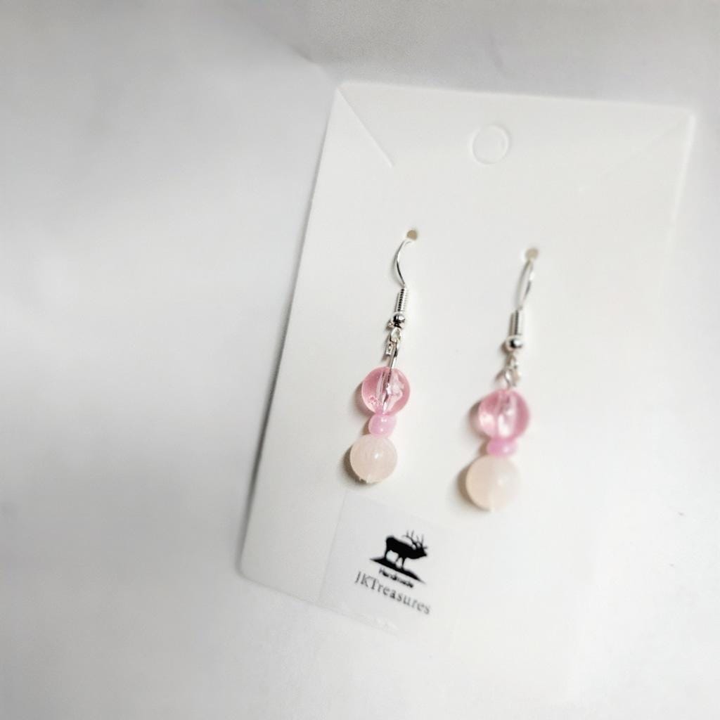 Hand crafted natural rose quartz crystal bead and pink glass bead dangle earrings - Thumbnail 3