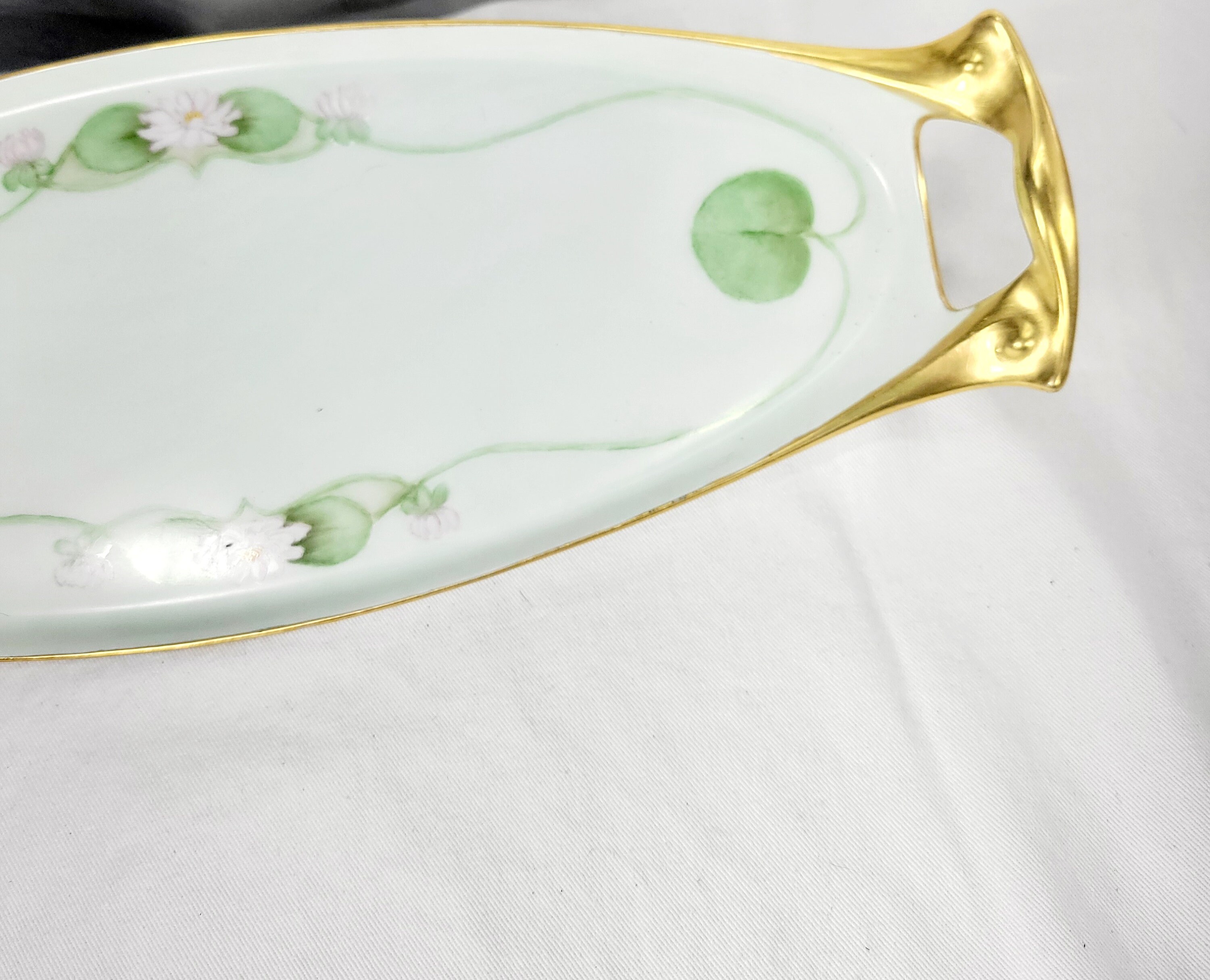 Antique RC Bavaria Germany handpainted porcelain green and gold serving tray - Thumbnail 2