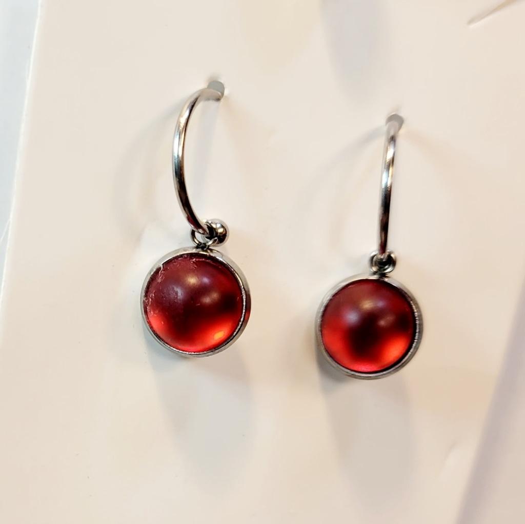 Red Crystal Sea Glass Rhinestone Dangle Drop Hoop Earrings - Thumbnail 2