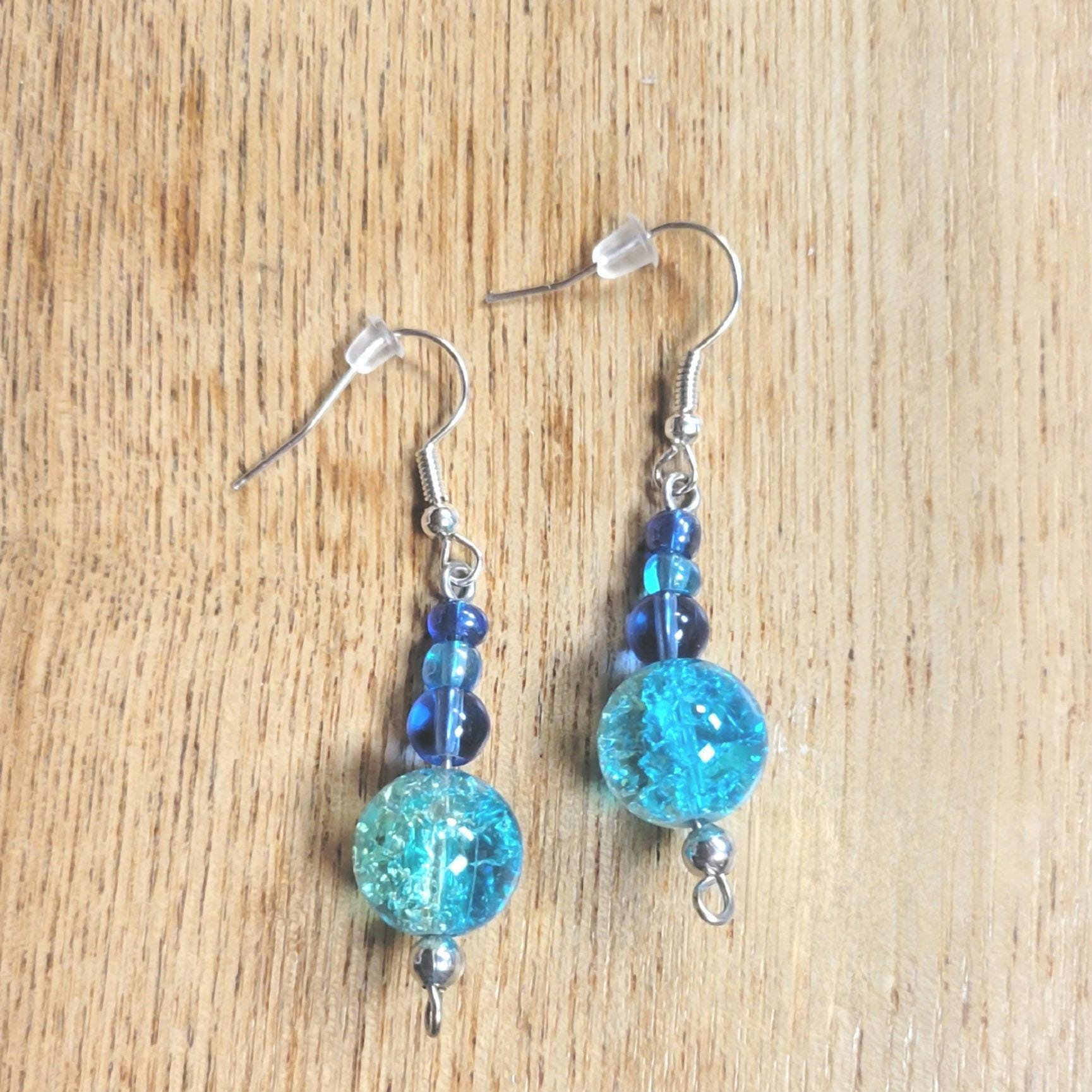 Glass bead dangle hook earrings in blues & greens - Thumbnail 2