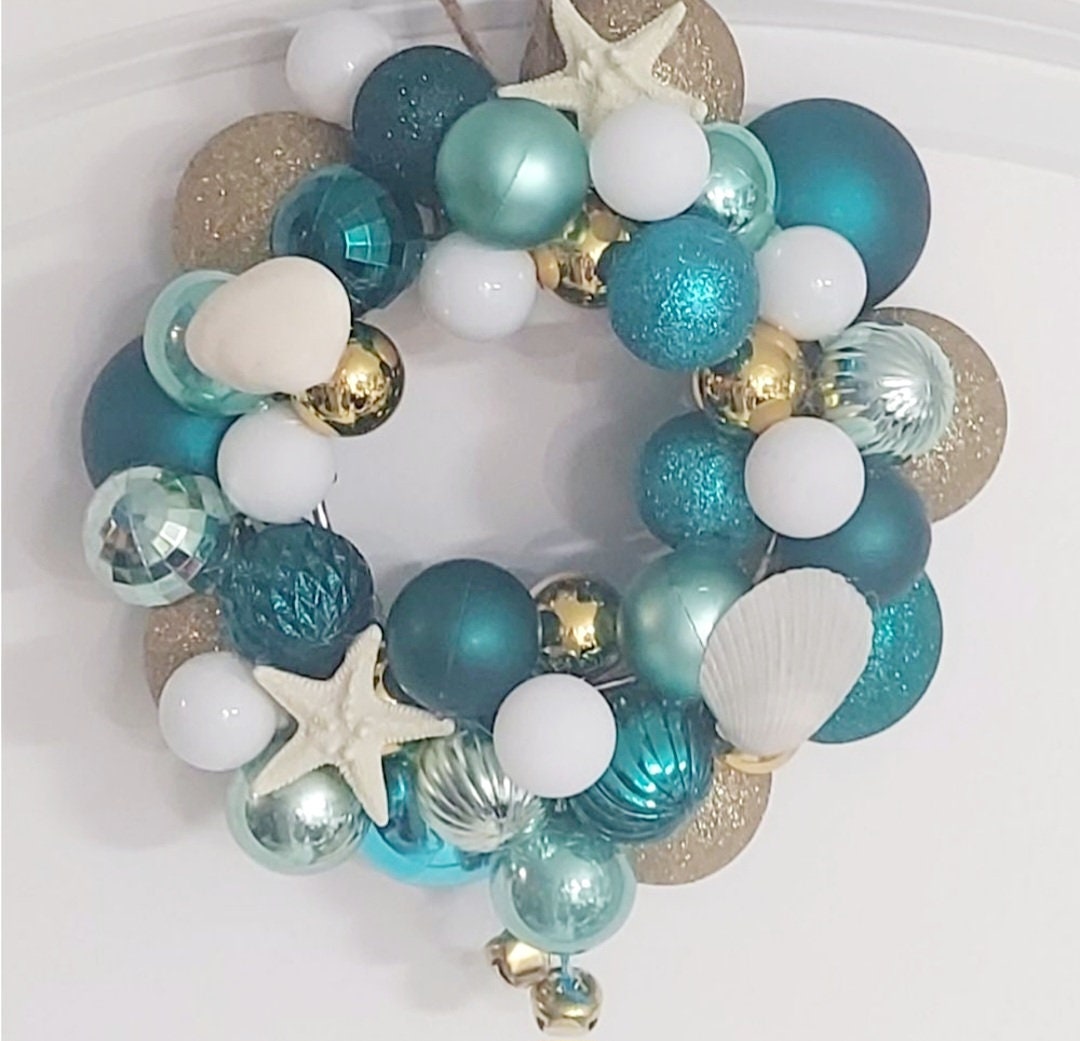Beach Coastal Christmas Winter wreath with shatterproof ball ornaments Nautical beach theme - Thumbnail 4