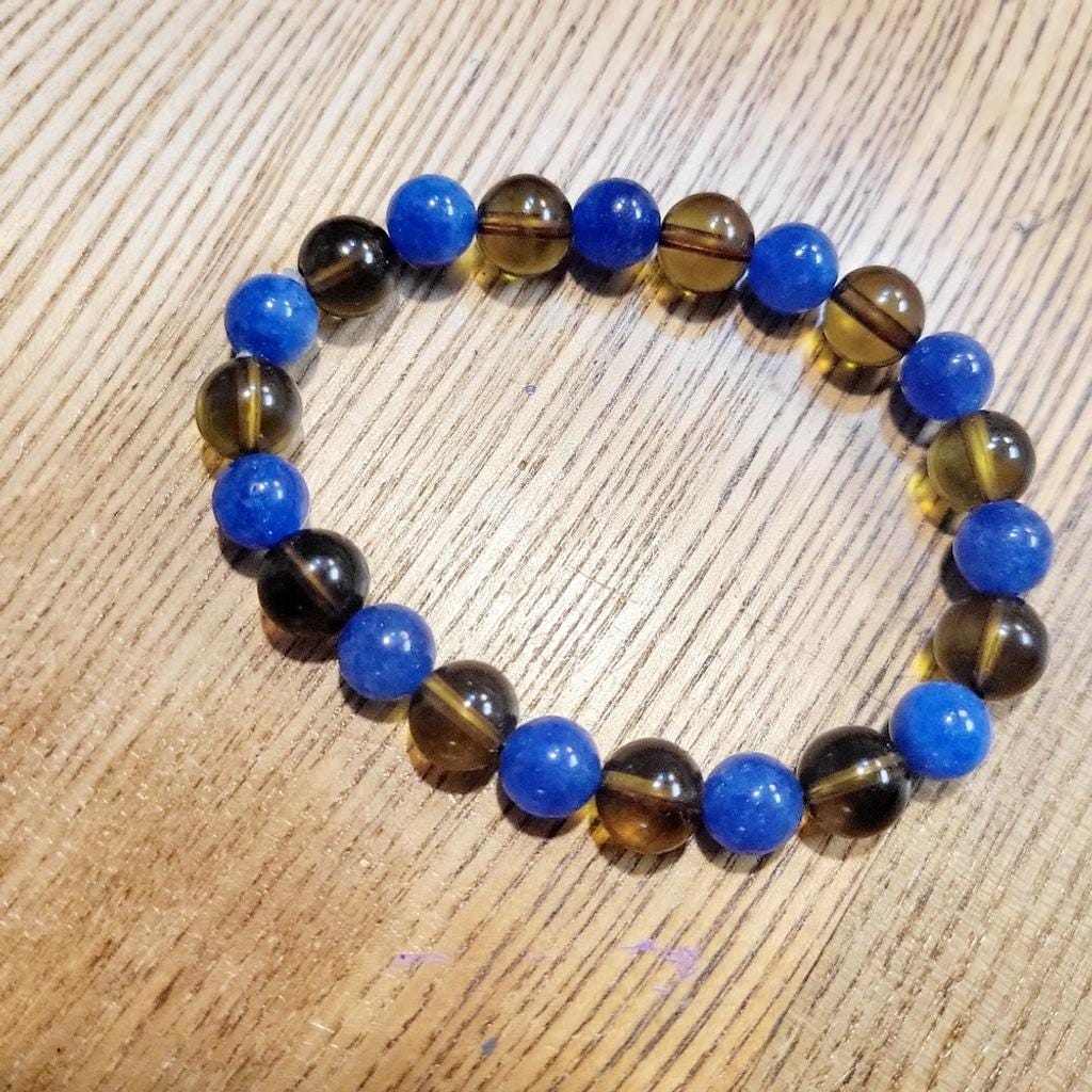 Natural Blue Kyanite & Smoky Quartz Crystal stretch bracelet - Thumbnail 3