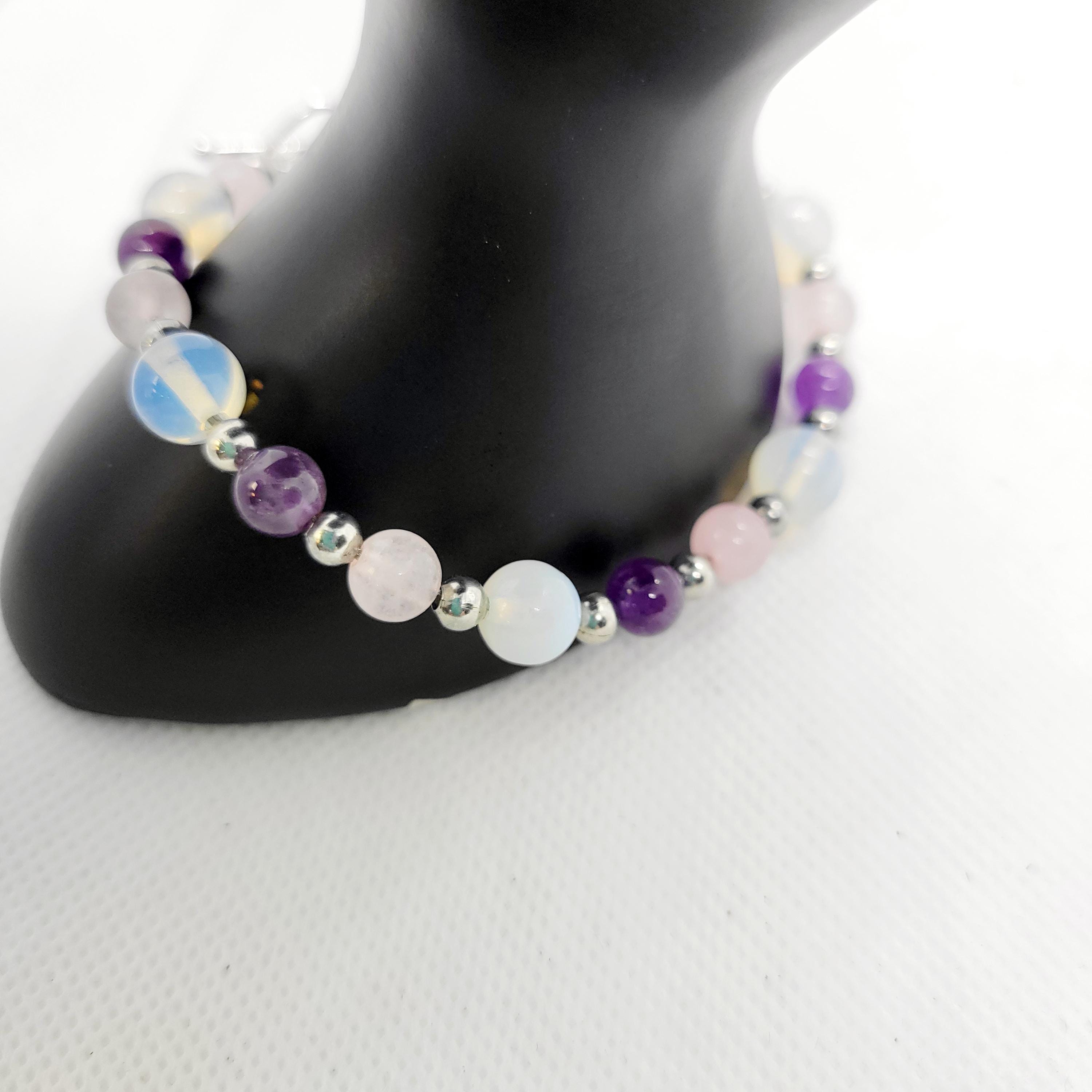 Natural Crystal rose quartz amethyst opalite bracelet & earrings set - Thumbnail 6