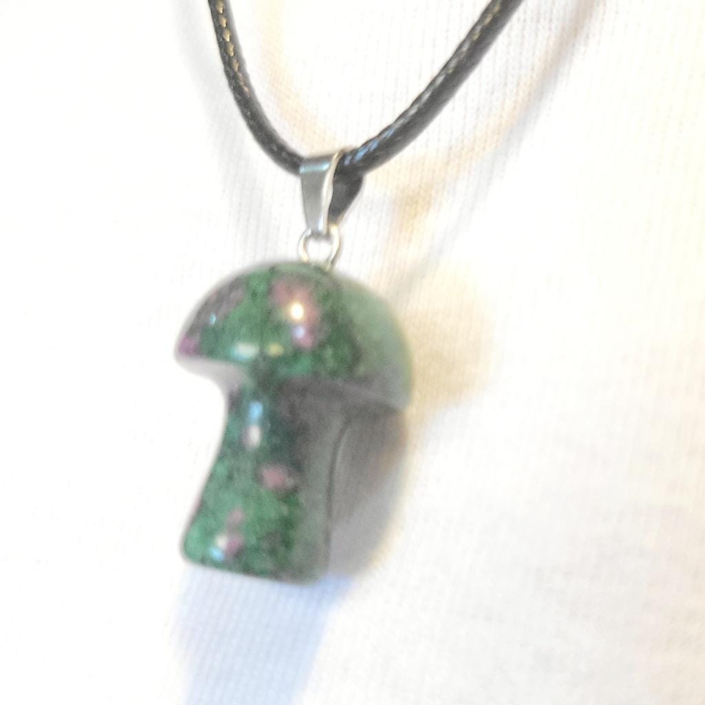 Natural Ruby Zoisite 1/2" Mushroom Crystal Pendant Necklace - Thumbnail 2