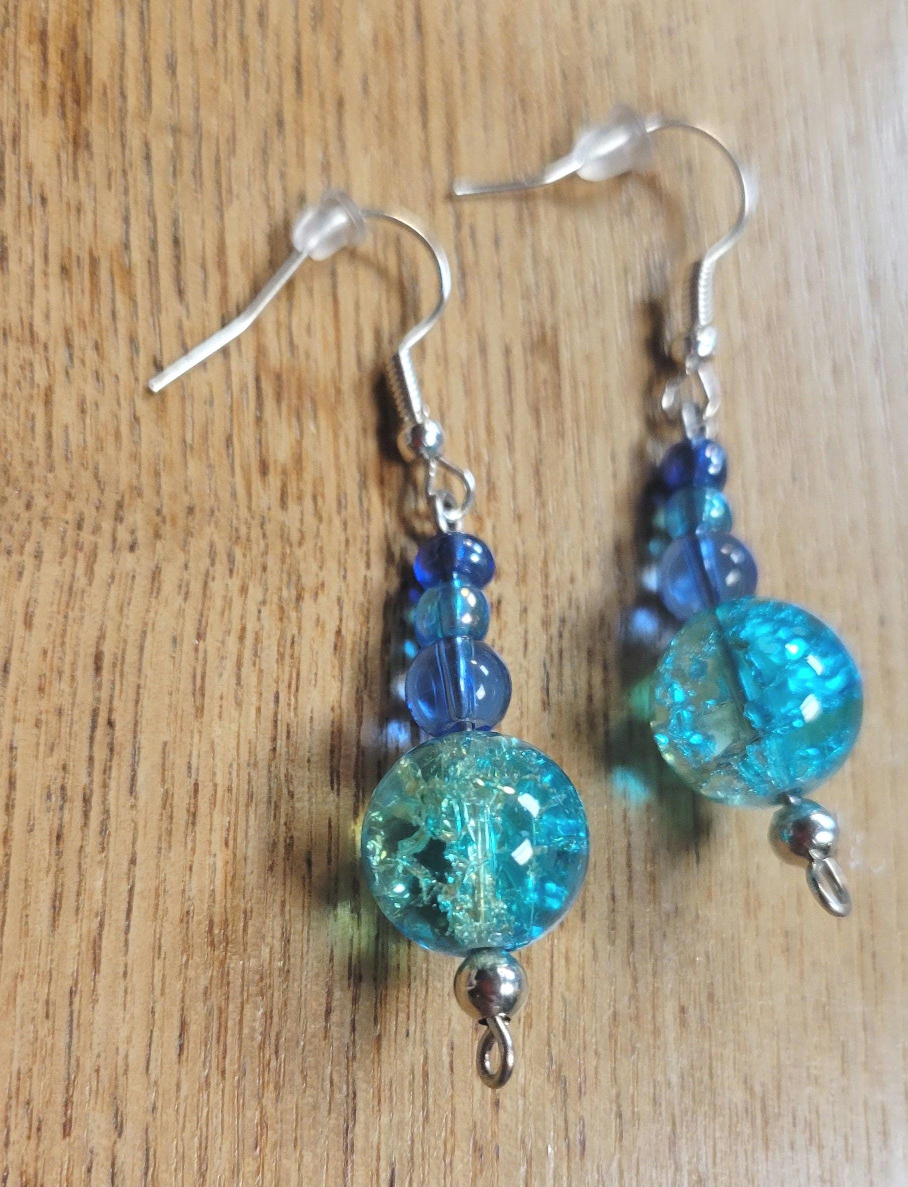 Glass bead dangle hook earrings in blues & greens - Thumbnail 3