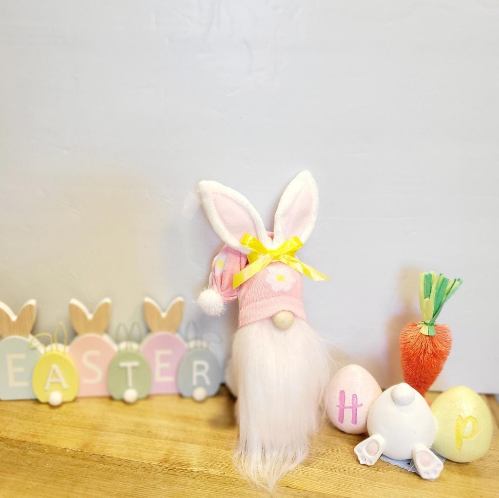 Artisanal Pink Bunny Spring Gnome with Yellow Bow Decor 11" - Thumbnail 2
