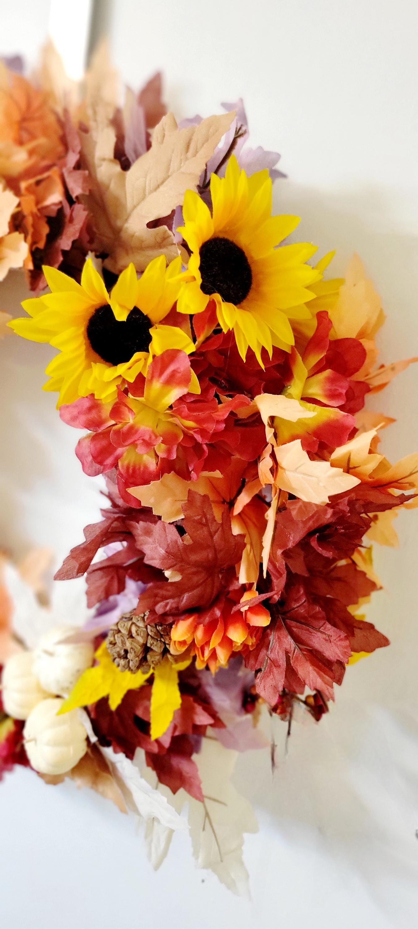 Hand Crafted Festive Fall Autumn Thanksgiving Wreath Door Hanging with Sunflowers and Pinecones - Thumbnail 3