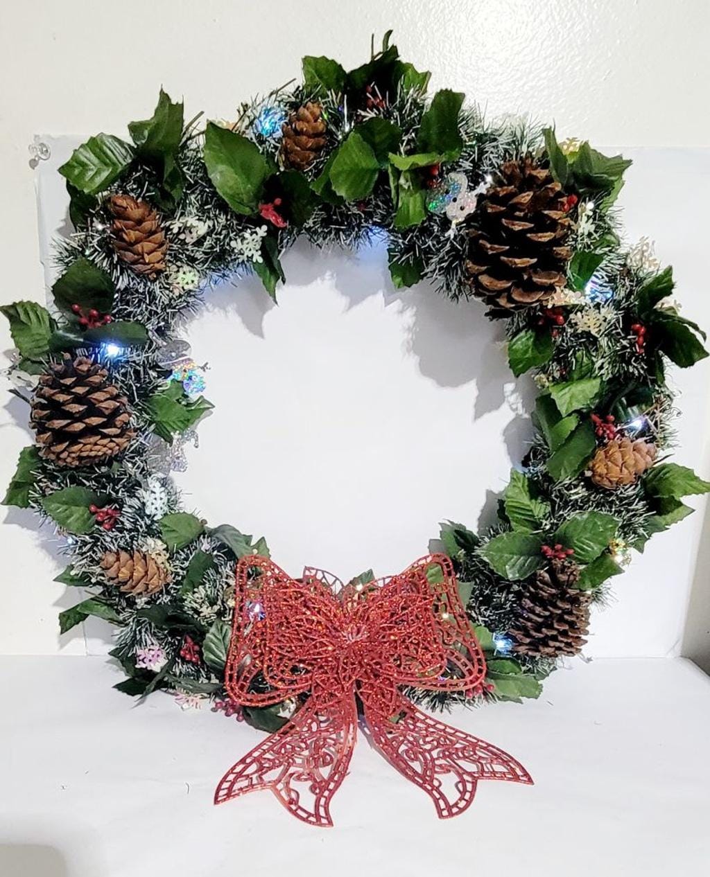 Handcrafted upcycled pre-lit 14" Christmas wreath door hanging wall decor - Thumbnail 3