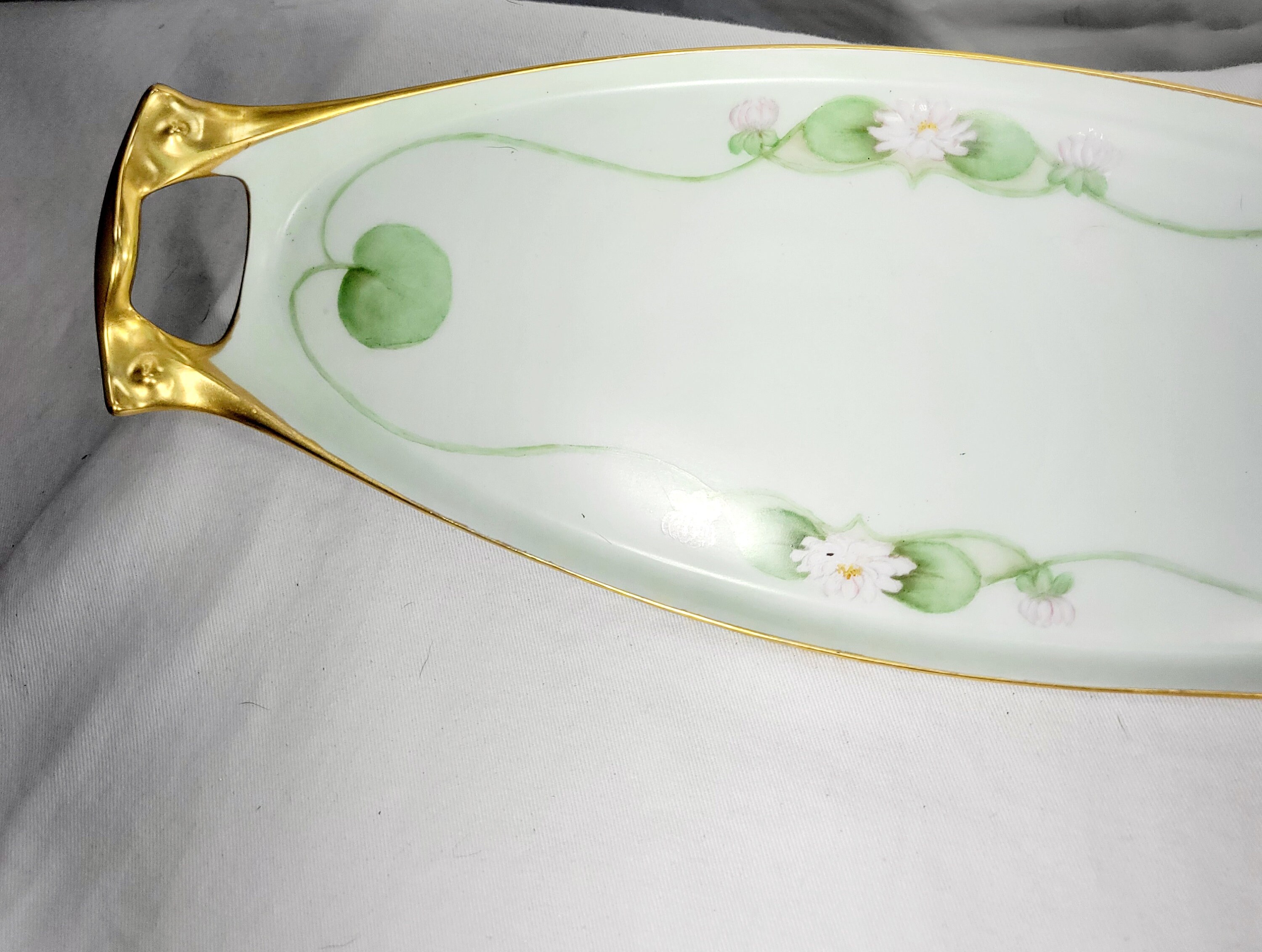 Antique RC Bavaria Germany handpainted porcelain green and gold serving tray - Thumbnail 3