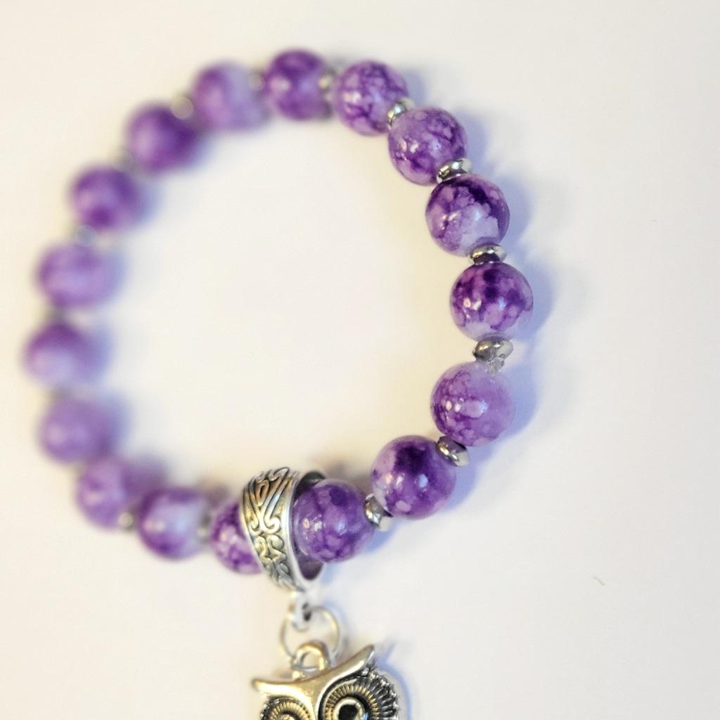 Purple Snowflake Beaded Silver Owl Charm 7" Stretch Bracelet - Thumbnail 4