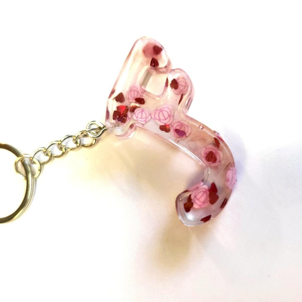 Personalizd 1.5" Resin Letter F Pink Floral & Heart Keychain with Tassel - Thumbnail 3