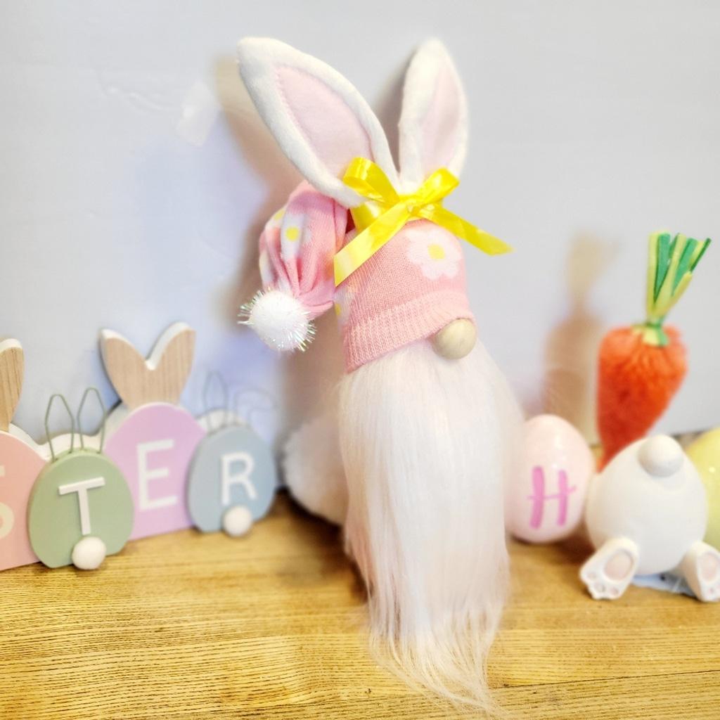 Artisanal Pink Bunny Spring Gnome with Yellow Bow Decor 11" - Thumbnail 3