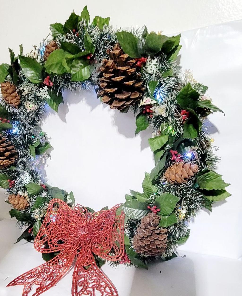 Handcrafted upcycled pre-lit 14" Christmas wreath door hanging wall decor - Thumbnail 5