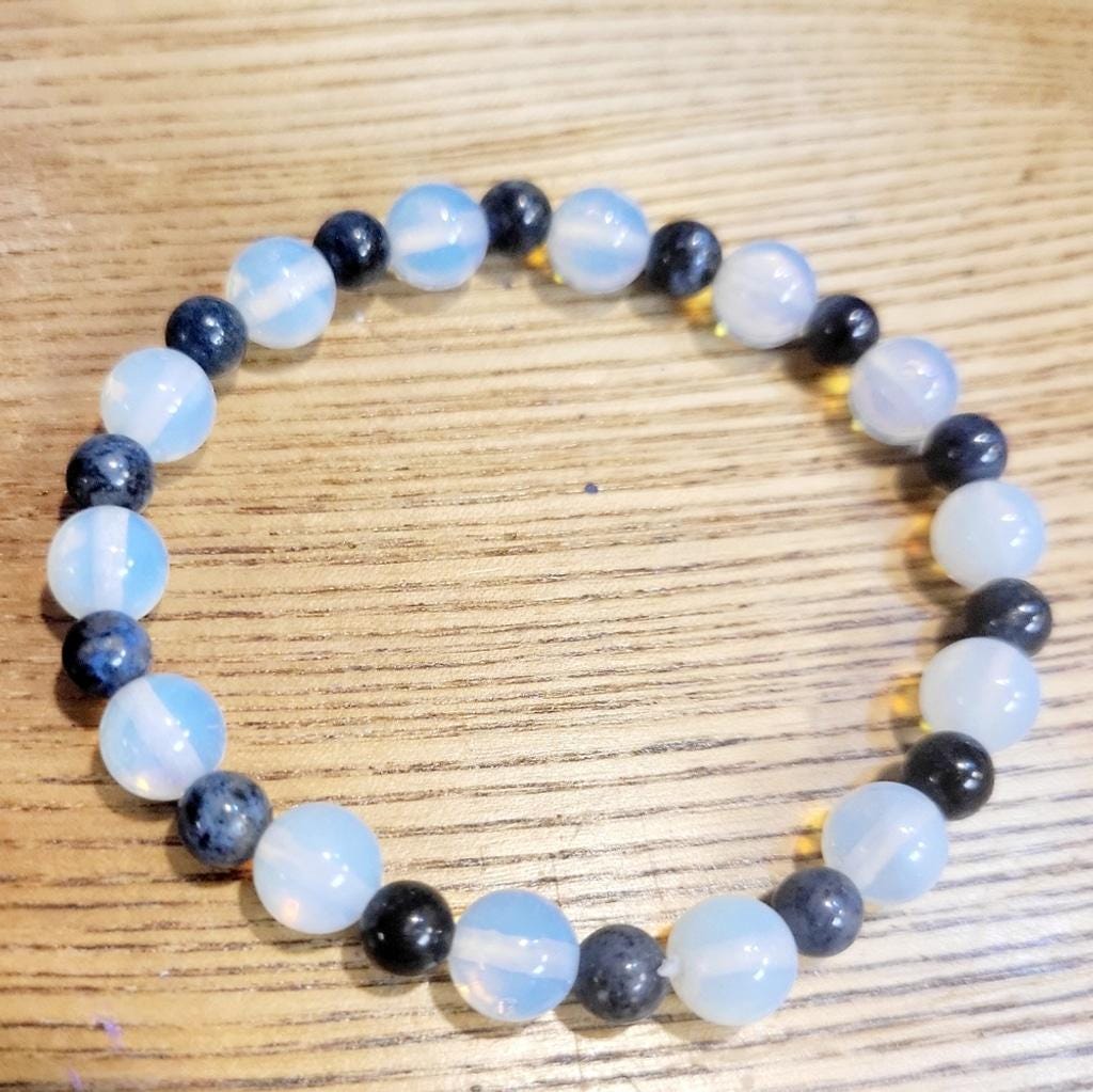 Natural Blue Dumortierite & Opalite crystal  stretch bracelet - Thumbnail 2