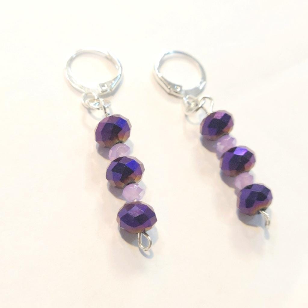 Purple Metallic & Lilac Faceted Beaded Dangle Drop Earrings 925 Stamped - Thumbnail 3
