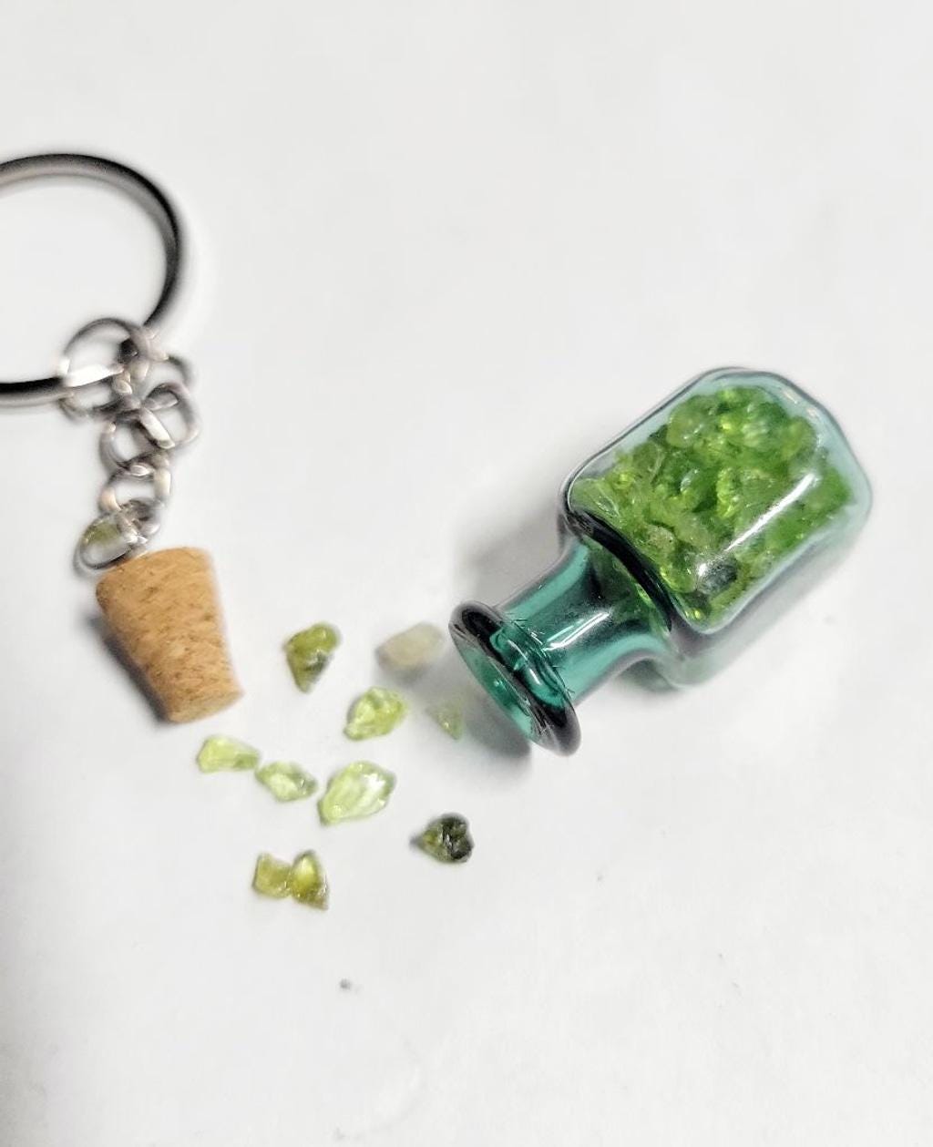 Hand crafted natural Olivine crystal mini wish bottle pendant keychain - Thumbnail 3