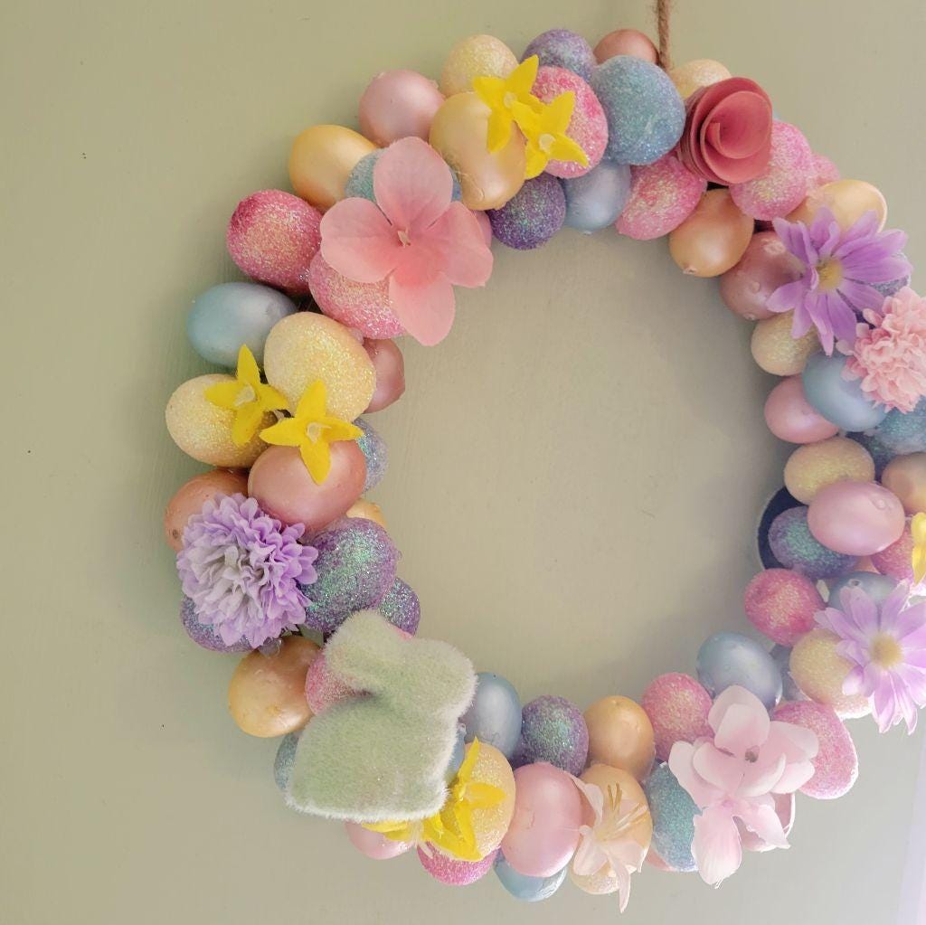 Handmade 12" Easter Spring wreath with artificial eggs, flowers & rabbits - Thumbnail 2