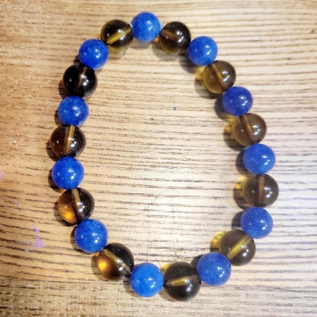 Natural Blue Kyanite & Smoky Quartz Crystal stretch bracelet - Thumbnail 2
