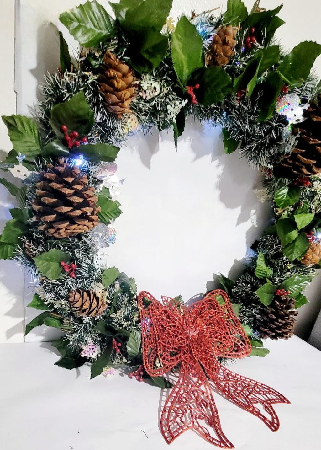 Handcrafted upcycled pre-lit 14" Christmas wreath door hanging wall decor - Thumbnail 4