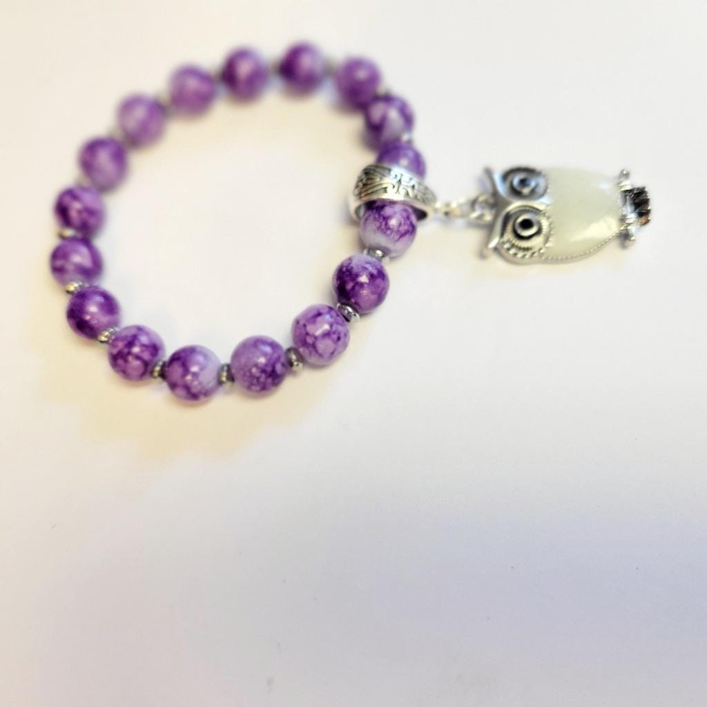 Purple Snowflake Beaded Silver Owl Charm 7" Stretch Bracelet - Thumbnail 2