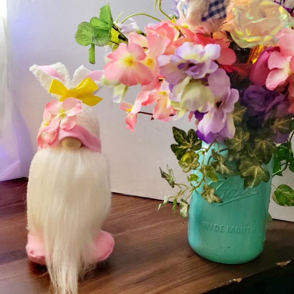 Pink Plumeria Flower Easter Bunnyy Spring Time Gnome - Thumbnail 3