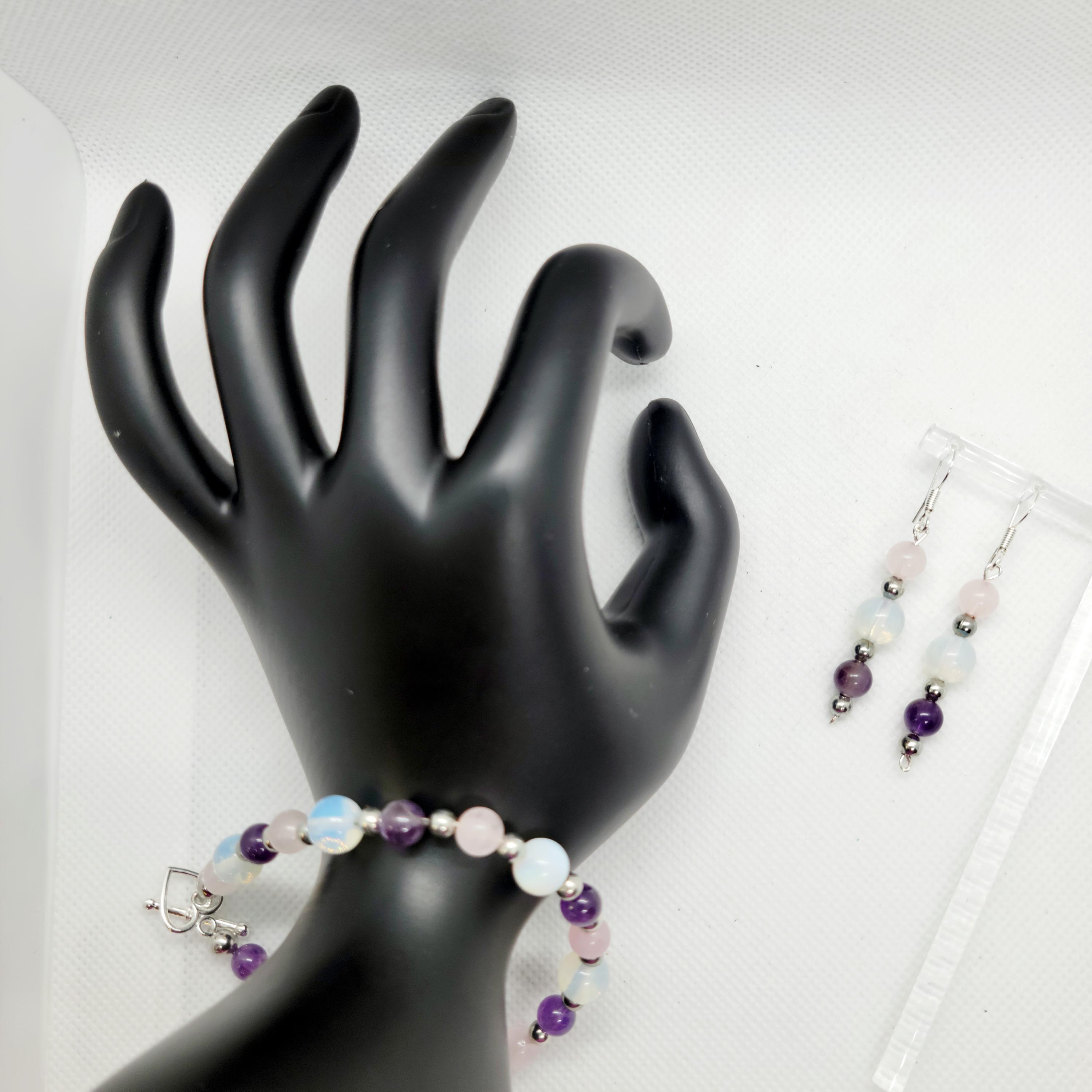 Natural Crystal rose quartz amethyst opalite bracelet & earrings set - Thumbnail 4