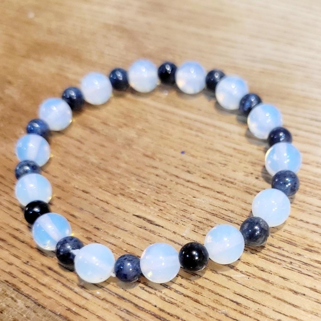 Natural Blue Dumortierite & Opalite crystal  stretch bracelet - Thumbnail 3
