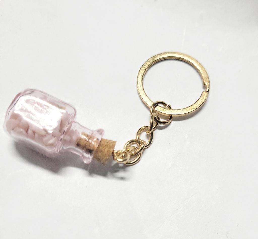 Hand crafted natural pink opal crystal mini wish bottle keychain - Thumbnail 3