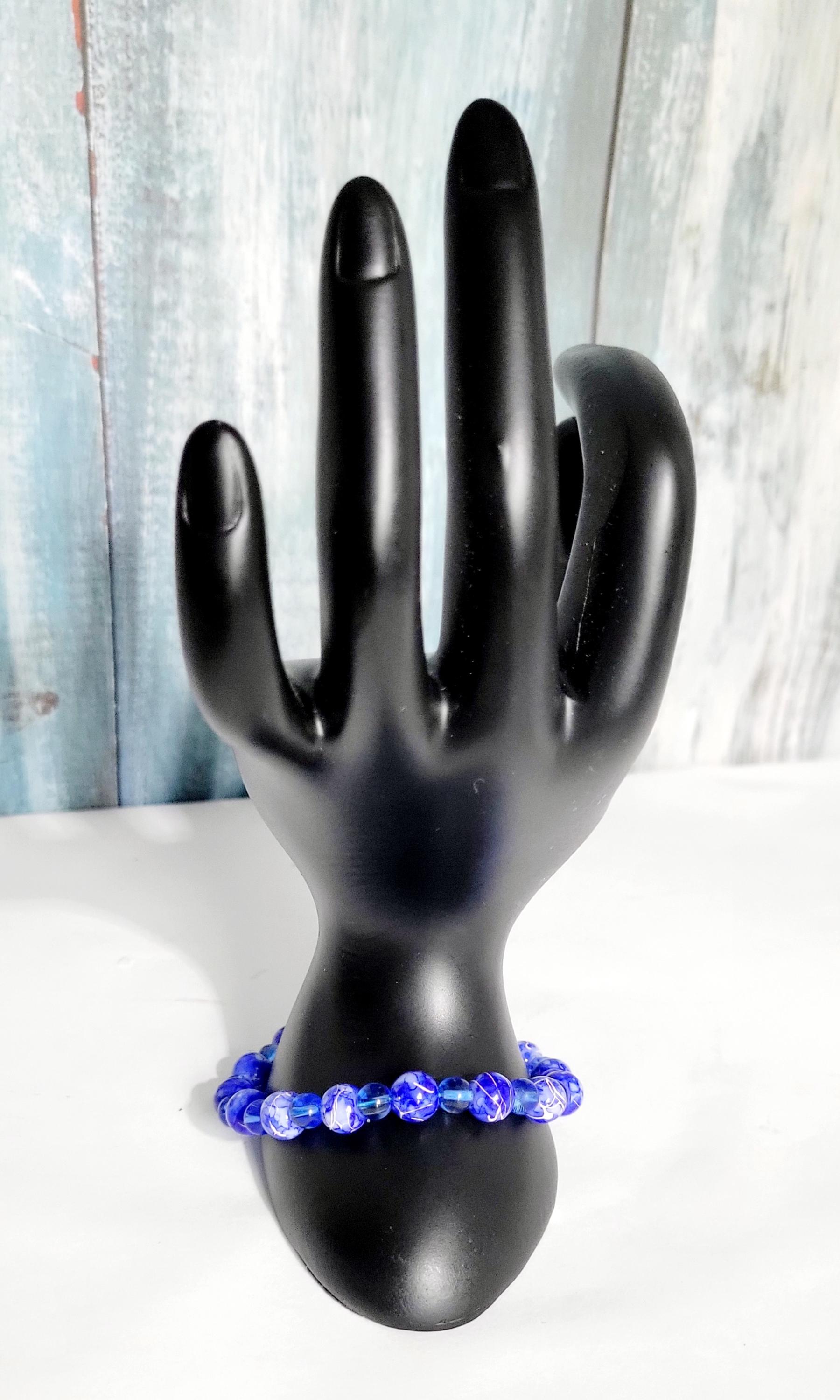 Hand crafted blue and white acrylic bead and translucent blue glass beaded bracelet - Thumbnail 3